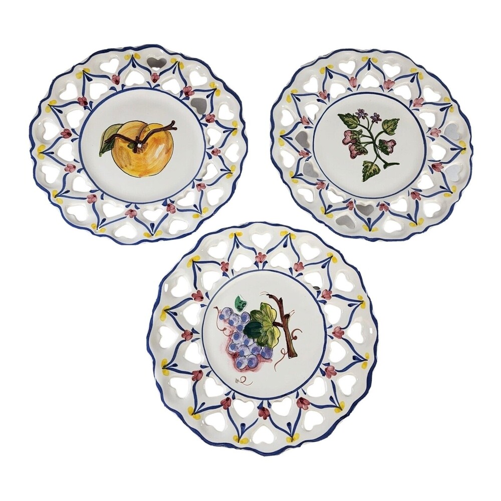 3 Hand Painted Tierra Fina Plates Reticulated Lattice Wall Hanging Portugal VTG